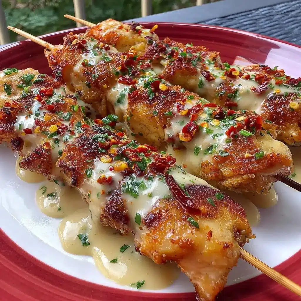 Crispy Air Fryer Bang Bang Chicken Skewers on a plate with dipping sauce