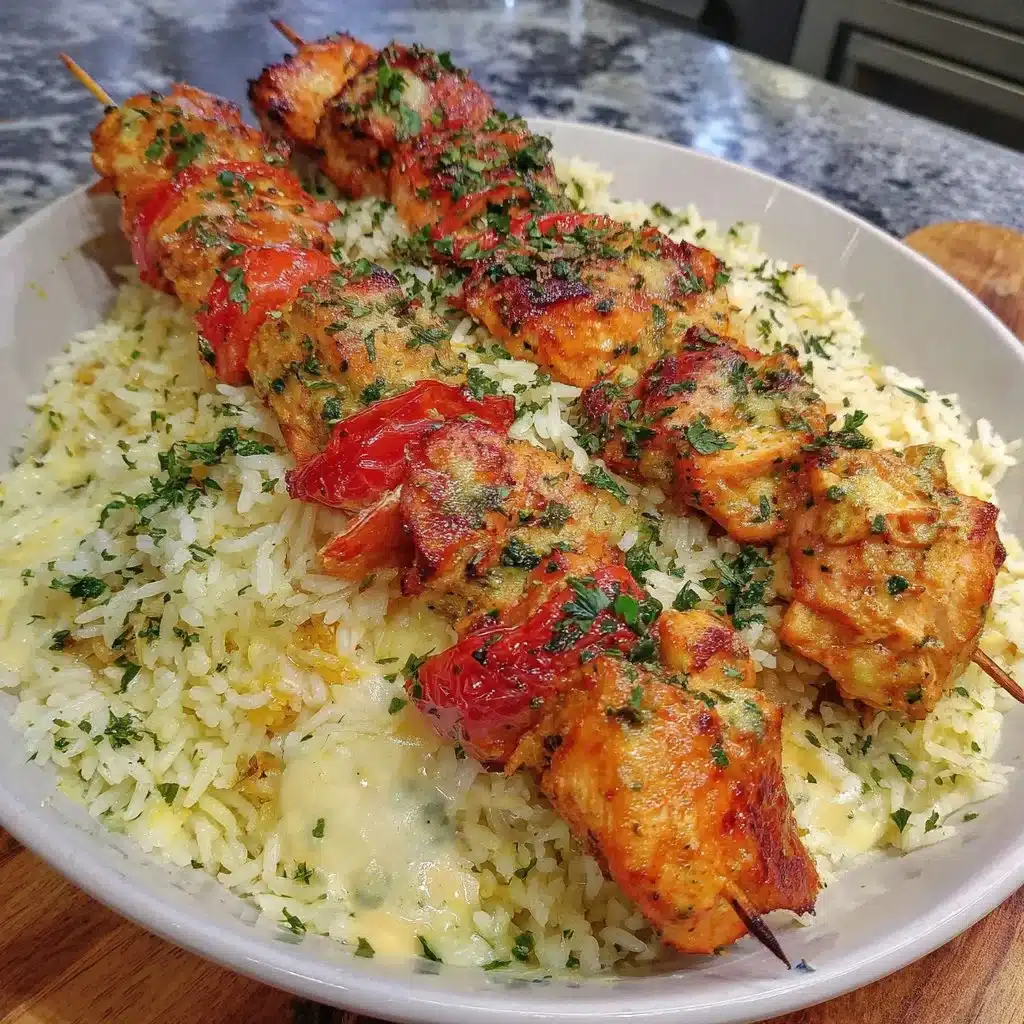 Airfryer Tandoori Chicken Skewers served with rice, a delicious meal option.