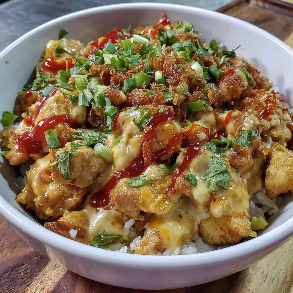 Delicious Bang Bang Chicken Bowl with vibrant vegetables and sauce