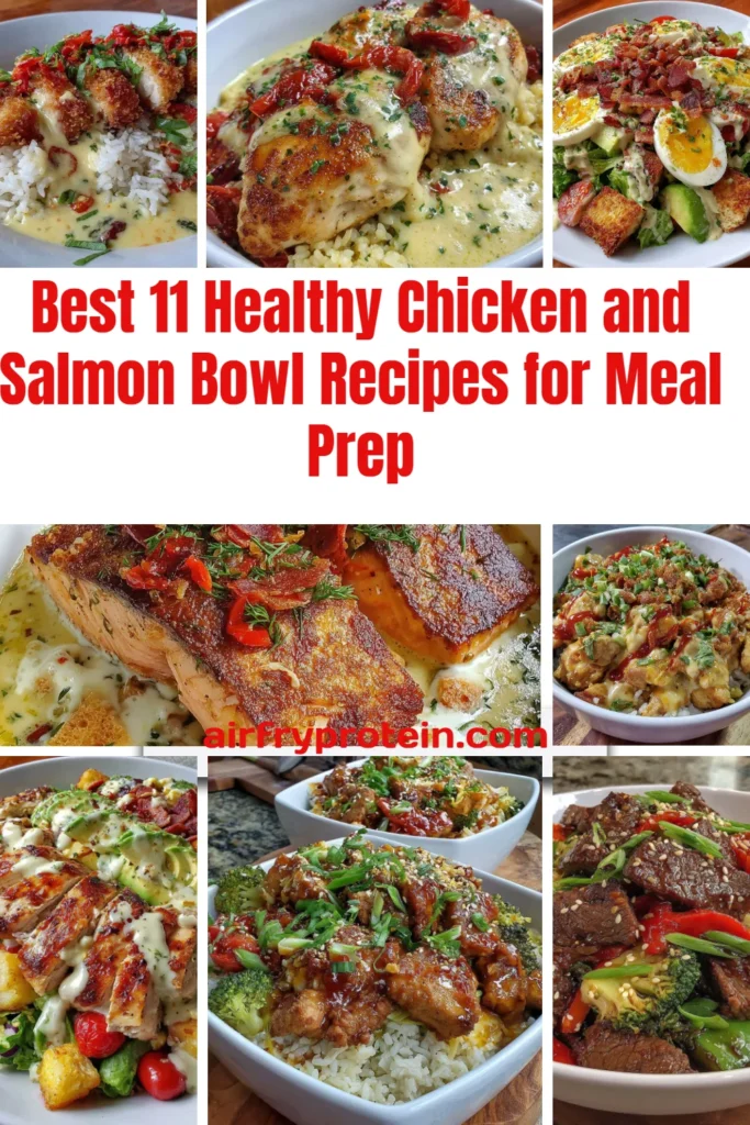 Healthy chicken and salmon bowl recipes perfect for meal prep.
