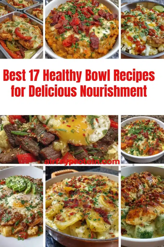 A colorful assortment of healthy bowl recipes featuring fresh ingredients.