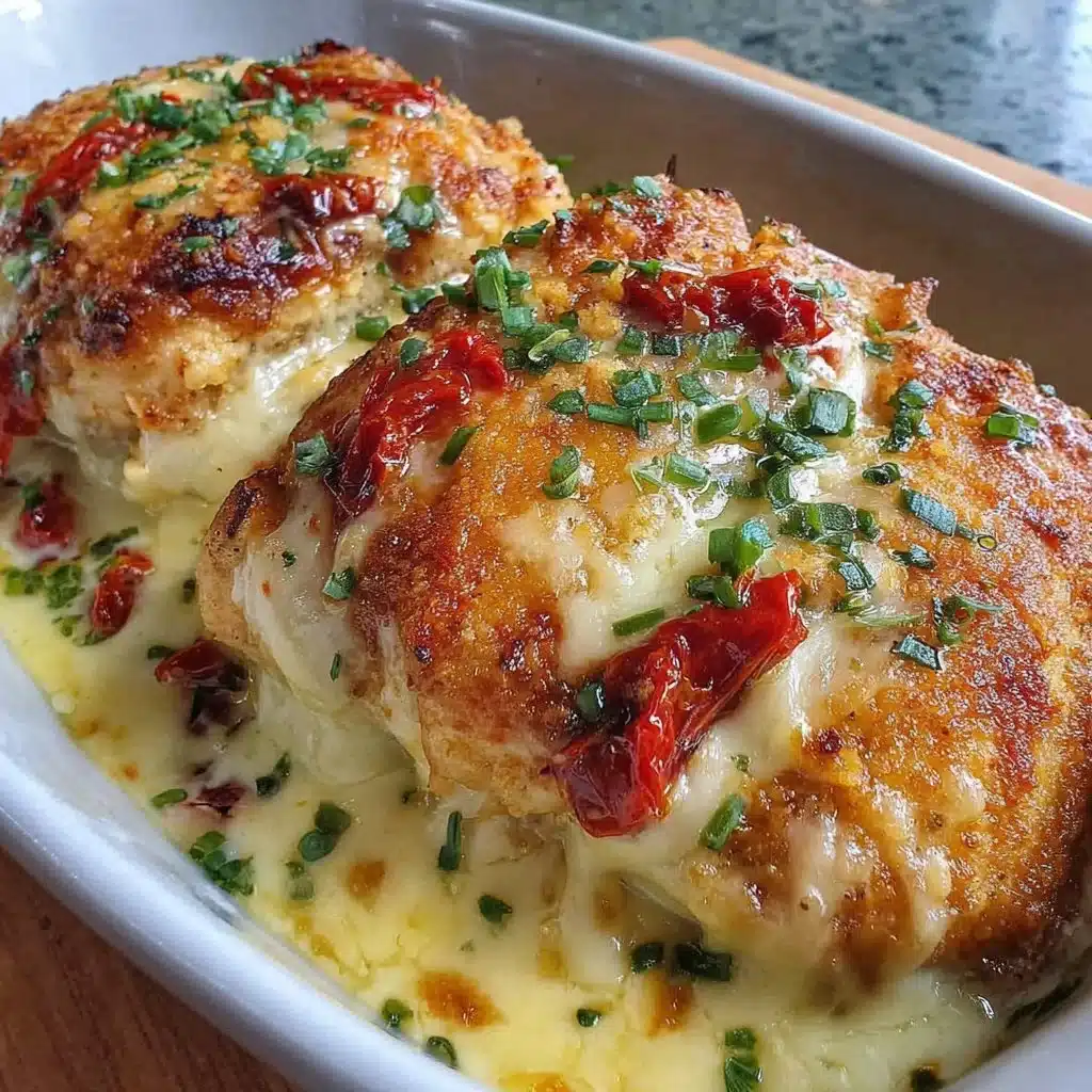 Delicious Cheesy Chicken Bake topped with melted cheese and herbs