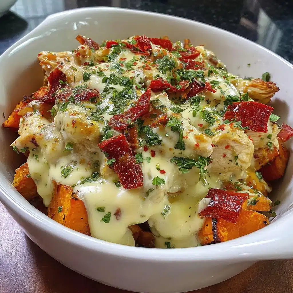 Cozy Chicken and Sweet Potato Bowl garnished with fresh herbs