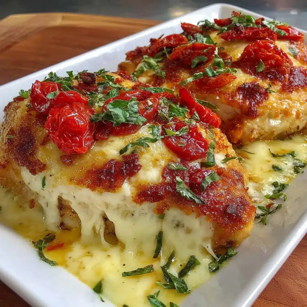 Cheesy marinara chicken bake topped with melted cheese and herbs