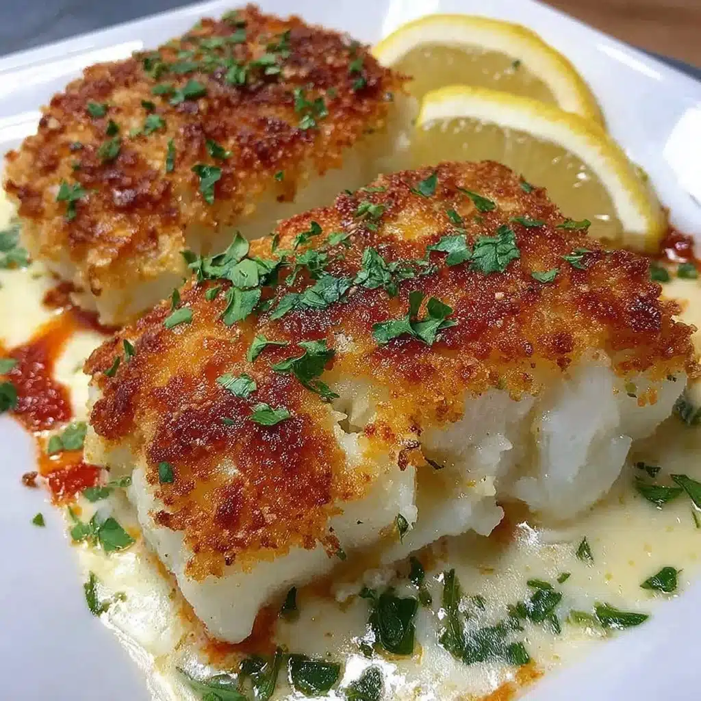 Crispy air fryer Parmesan cod served on a plate with lemon and herbs