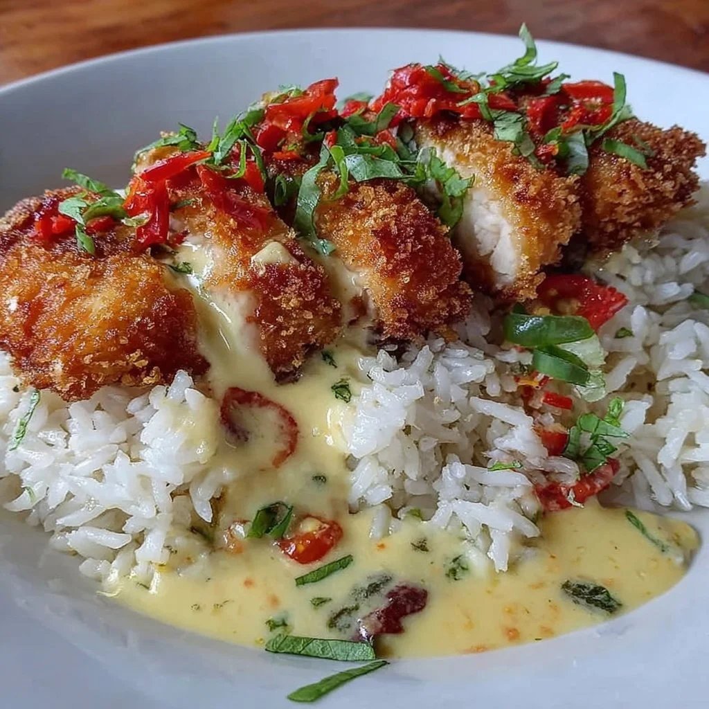 Plate of crispy chicken with creamy spicy sauce over jasmine rice