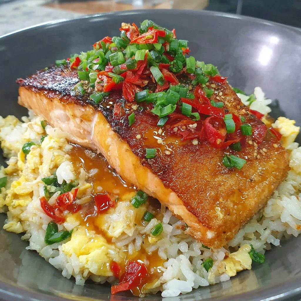 Crispy salmon rice bowl garnished with vegetables and sesame seeds