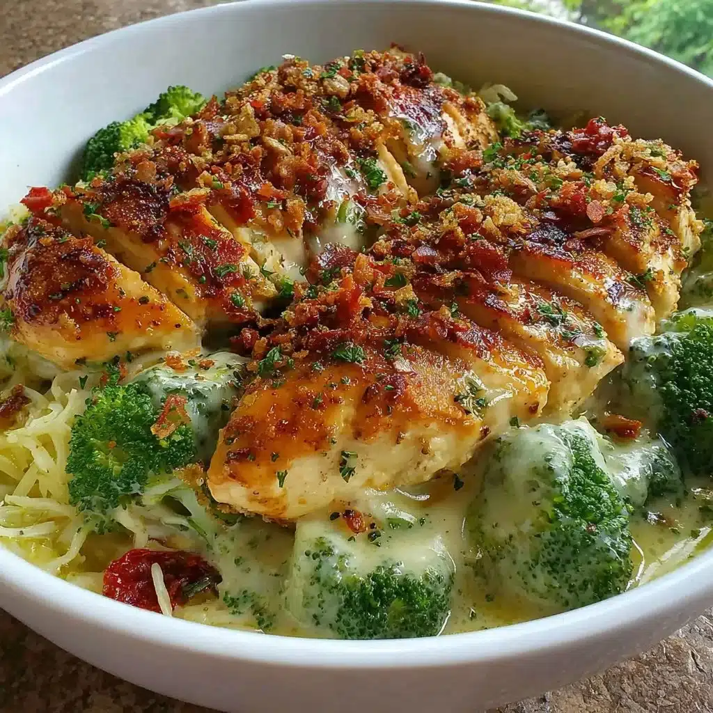 Healthy grilled chicken broccoli bowl with creamy garlic sauce