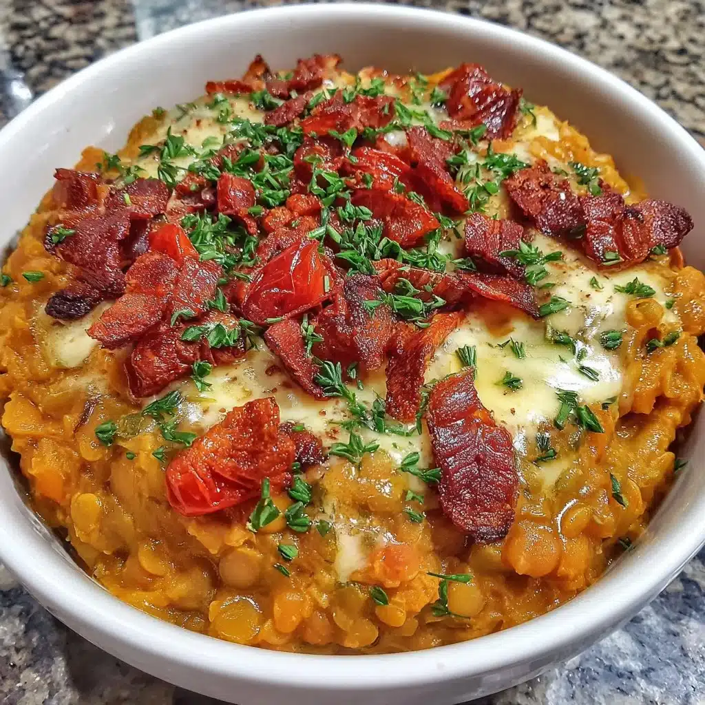 Healthy sweet potato lentil bowl topped with fresh vegetables and herbs.
