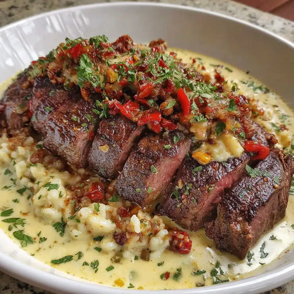 Mediterranean steak bowl with grilled steak, fresh vegetables, and herb dressing