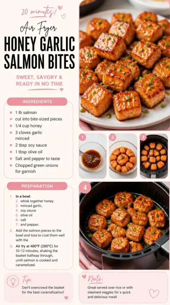 Air Fryer Honey Garlic Salmon Bites served on a plate with garnish