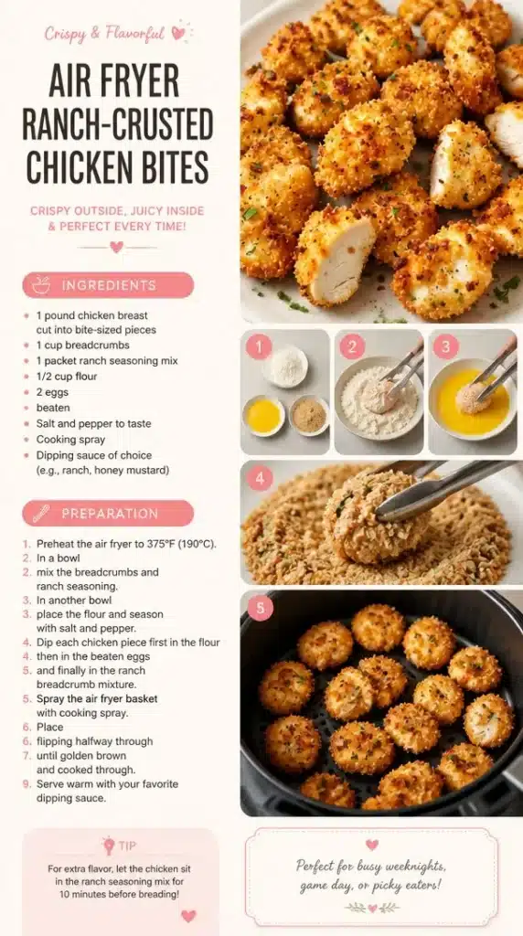 Crispy air fryer ranch-crusted chicken bites served on a plate