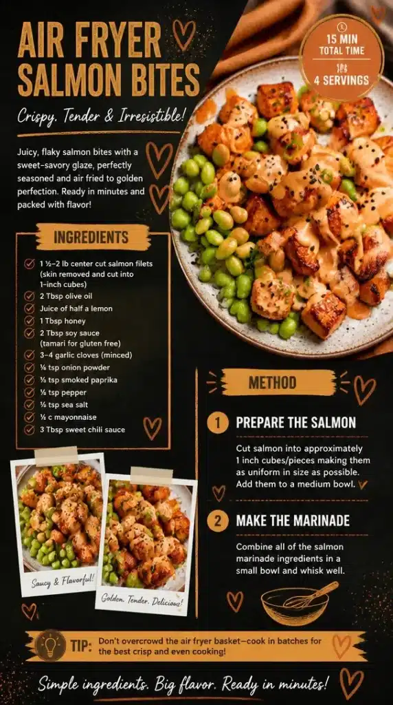 Delicious air fryer salmon bites served with a dipping sauce on a plate