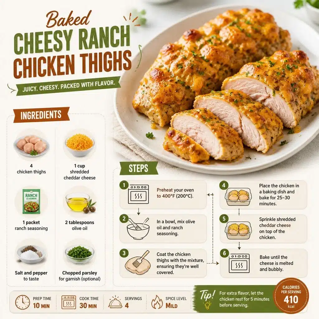 Baked Cheesy Ranch Chicken Thighs served on a plate with herbs and cheese