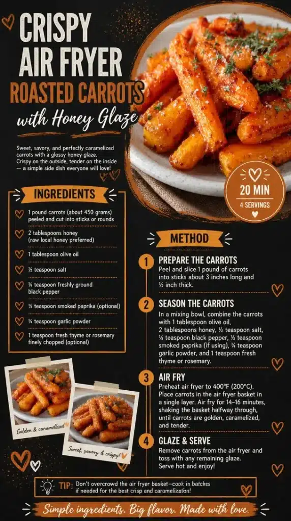 Crispy air fryer roasted carrots drizzled with honey glaze.