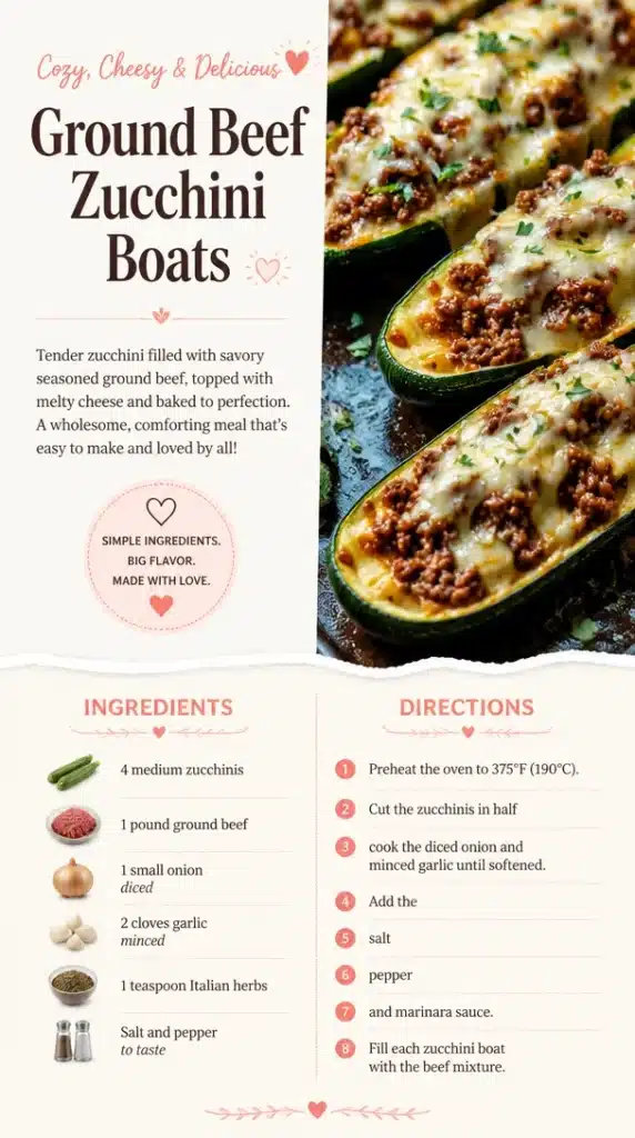 Ground beef stuffed zucchini boats topped with cheese and herbs