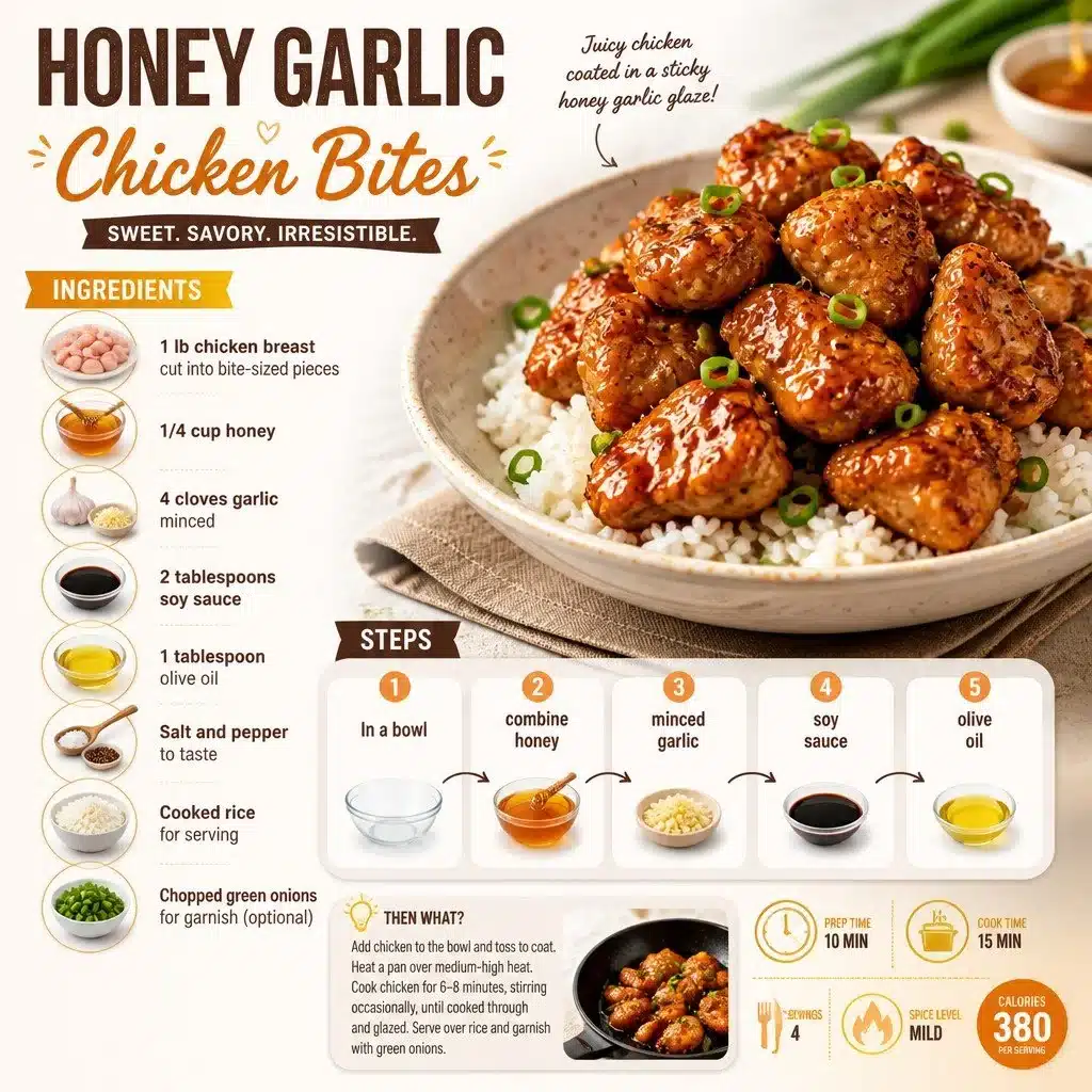 Delicious Honey Garlic Chicken Bites served on a plate with colorful garnishes.