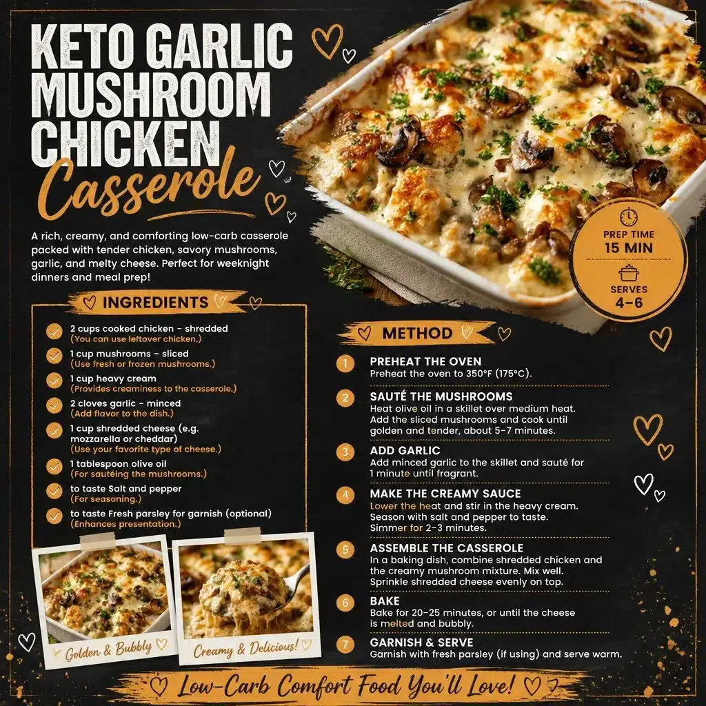 Keto Garlic Mushroom Chicken Casserole with chicken, mushrooms, and garlic