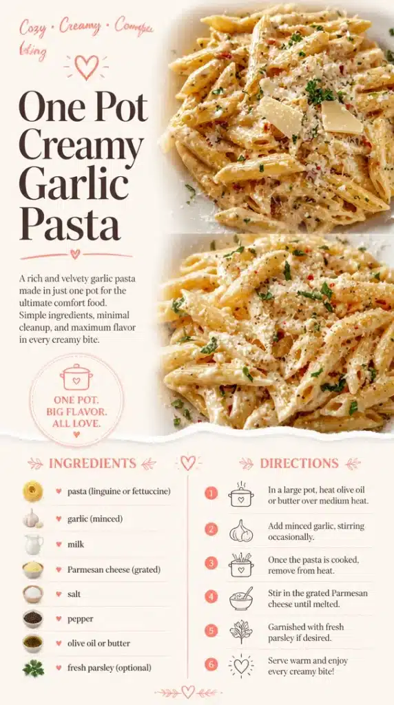 One pot creamy garlic pasta dish with fresh ingredients and herbs.