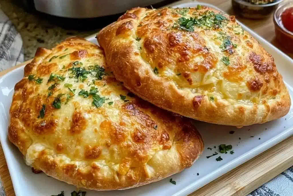 Deliciously crispy air fryer calzones filled with cheese and pepperoni.