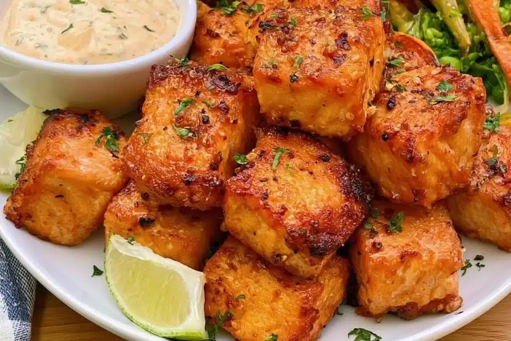 Delicious air fryer salmon bites served on a plate with herbs