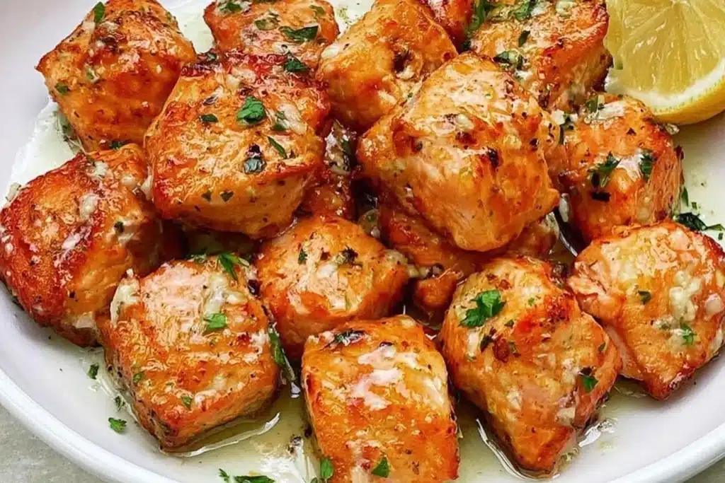 Air fryer salmon bites drizzled with lemon garlic butter sauce