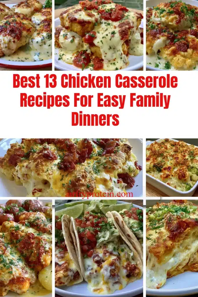 Delicious chicken casserole served in a baking dish, perfect for family dinners.