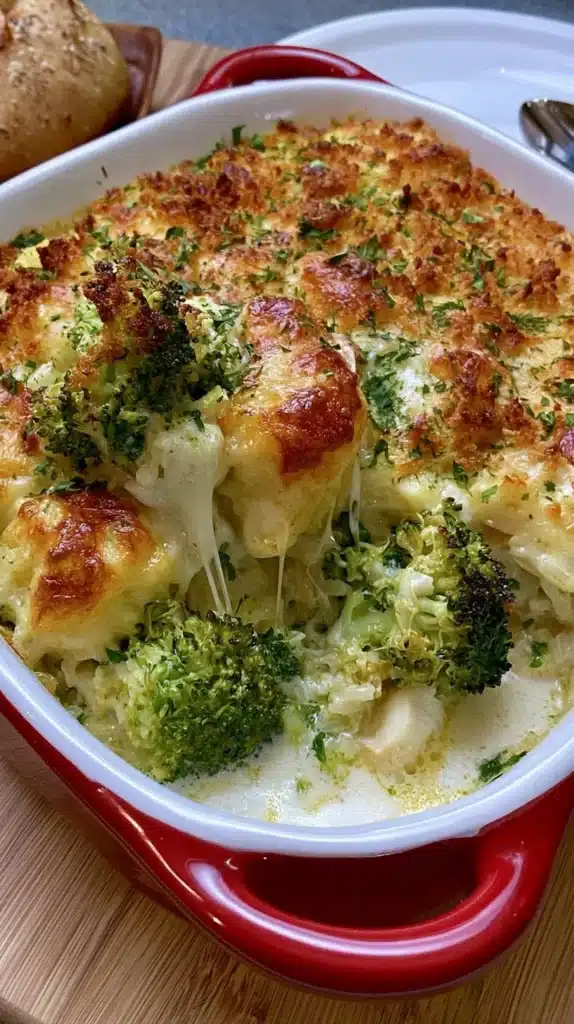 Cheesy broccoli chicken and rice casserole served in a bowl