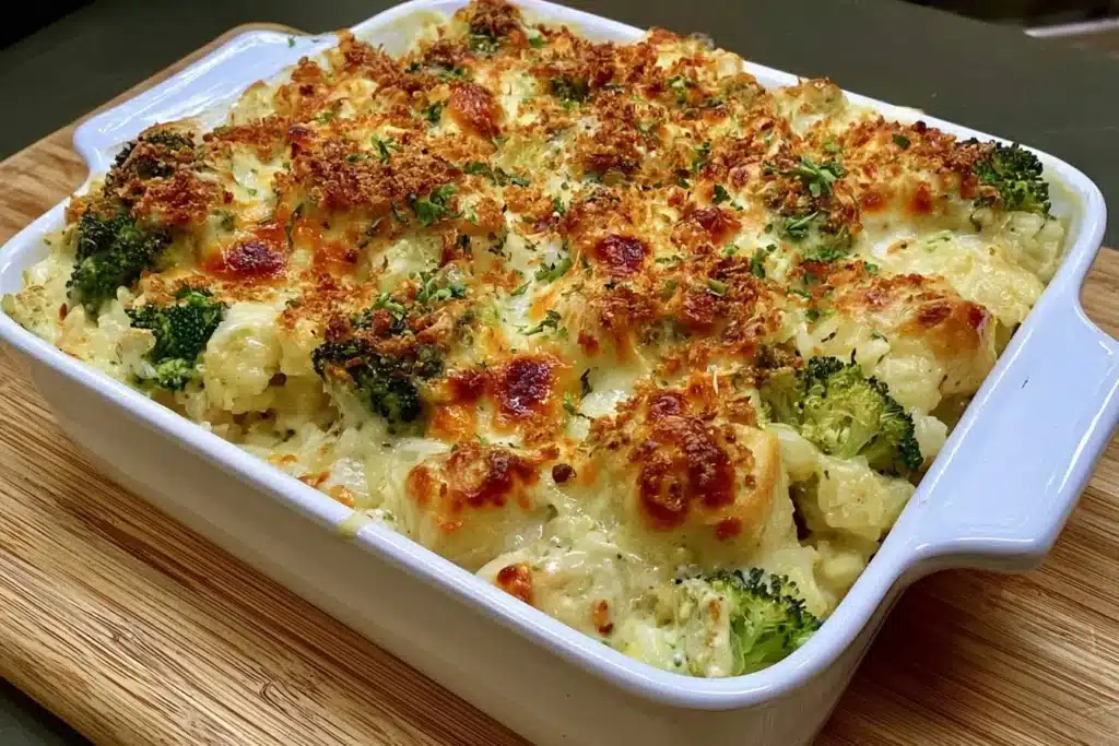 Cheesy broccoli chicken and rice casserole served in a baking dish