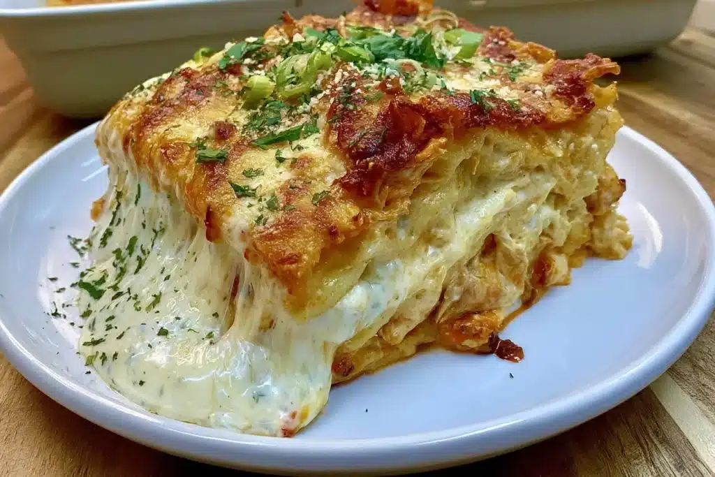 Cheesy Buffalo Ranch Chicken Lasagna topped with ranch sauce and cheese.