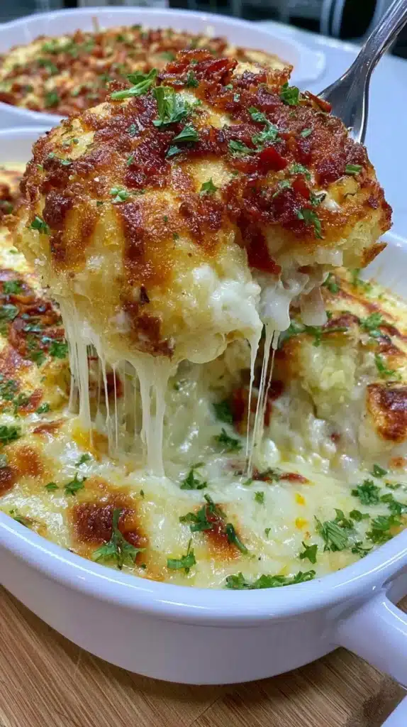 Delicious cheesy casserole dish in a baking pan, perfect for family meals.