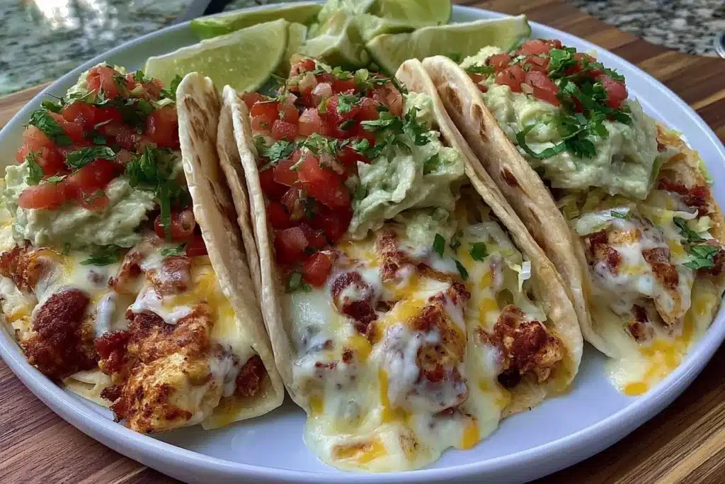 Delicious cheesy chicken tacos prepared in a slow cooker with queso