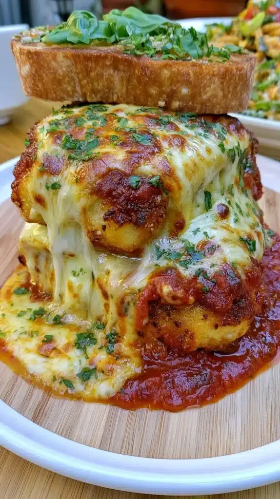 Cheesy Marinara Chicken Bake with melted cheese and marinara sauce