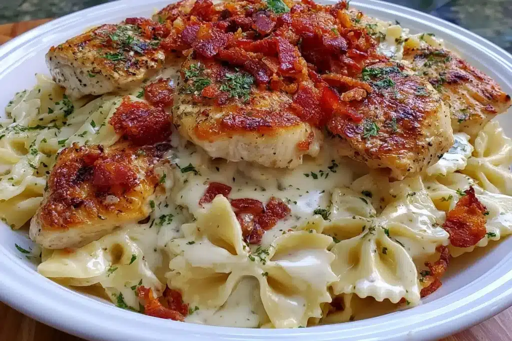 Delicious Chicken Bacon Ranch Pasta in a creamy sauce with crispy bacon