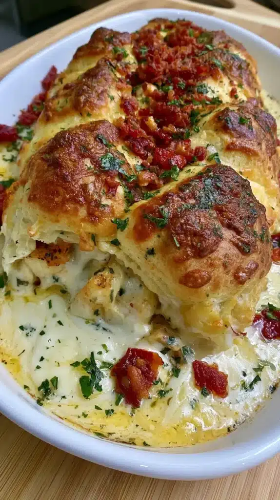 Delicious Chicken Crescent Roll Casserole served in a baking dish