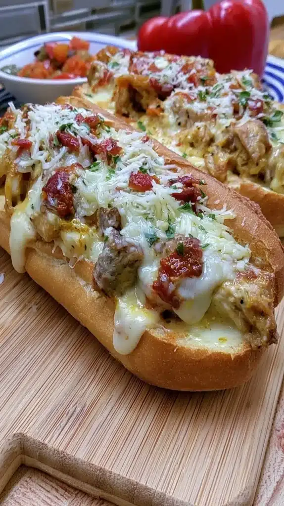 Delicious Chicken Philly Cheese Steaks with cheese and fresh toppings