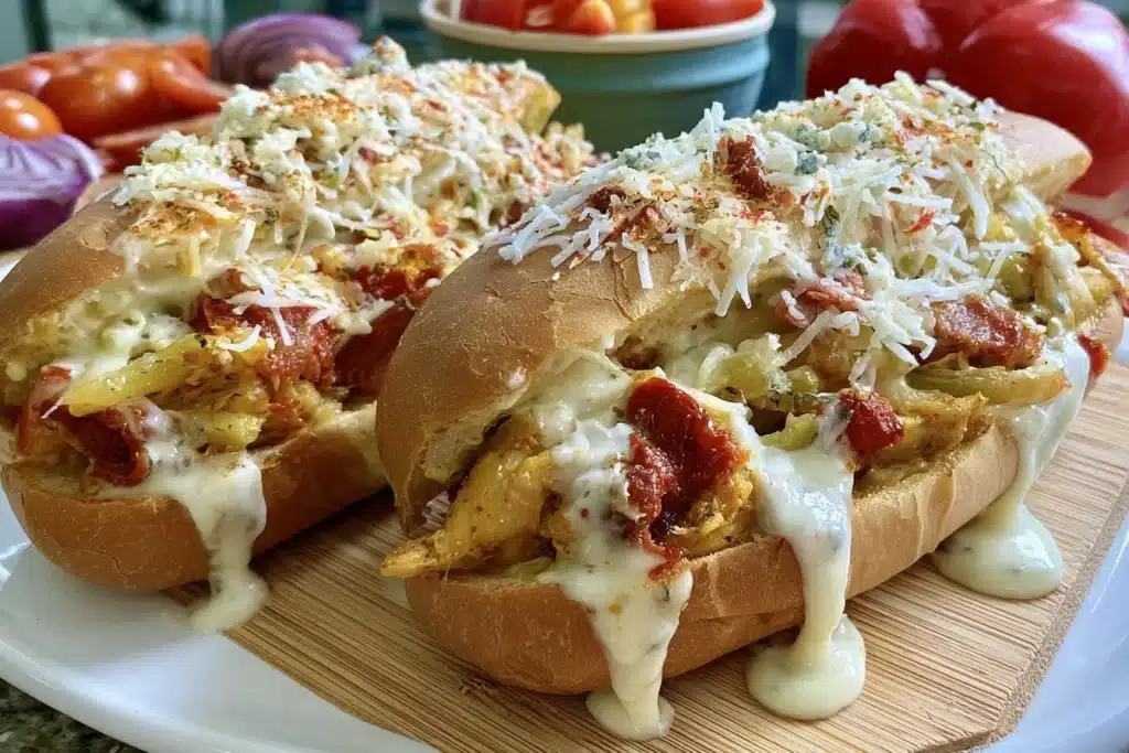 Delicious Chicken Philly Cheese Steaks served with melted cheese and peppers
