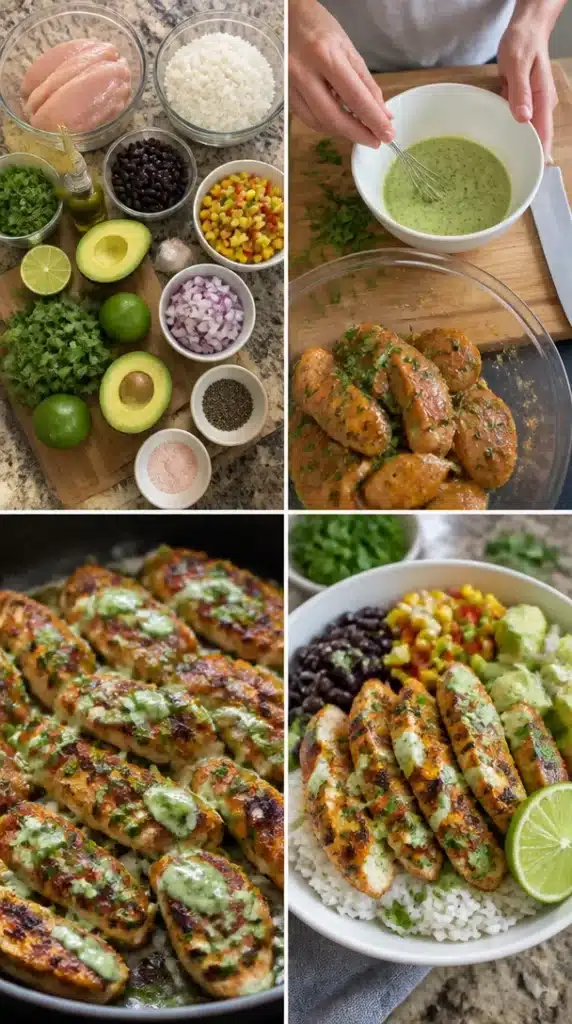 Delicious cilantro lime chicken bowl topped with fresh vegetables and lime wedges