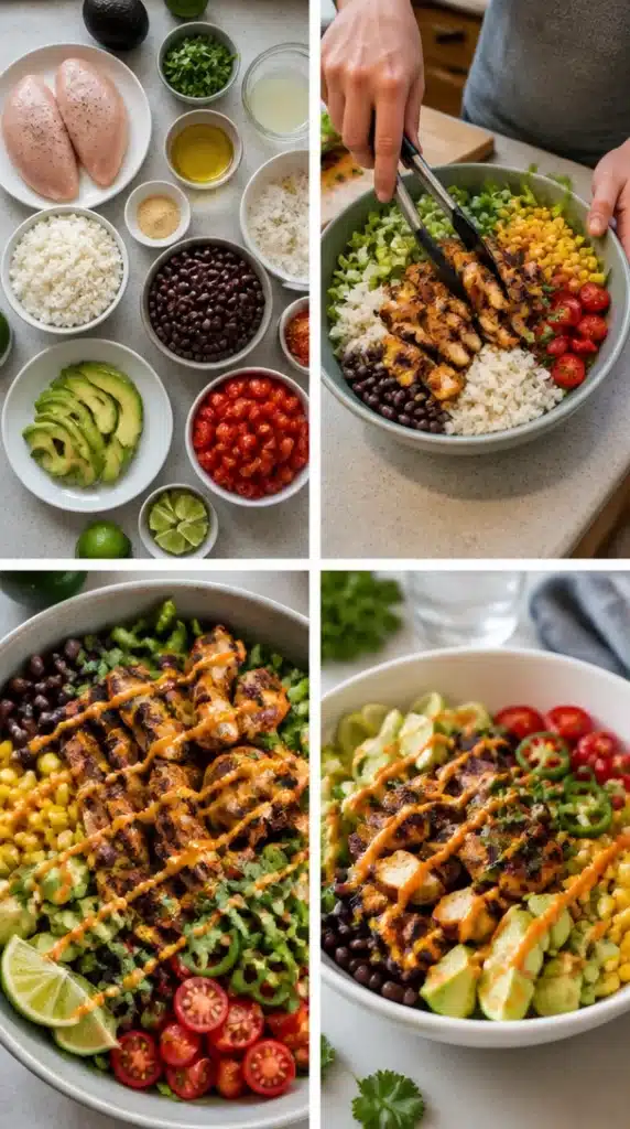 Delicious cilantro lime chicken bowls topped with fresh lime and cilantro