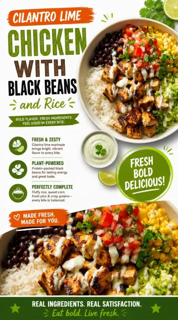 Cilantro lime chicken served with black beans and rice on a plate