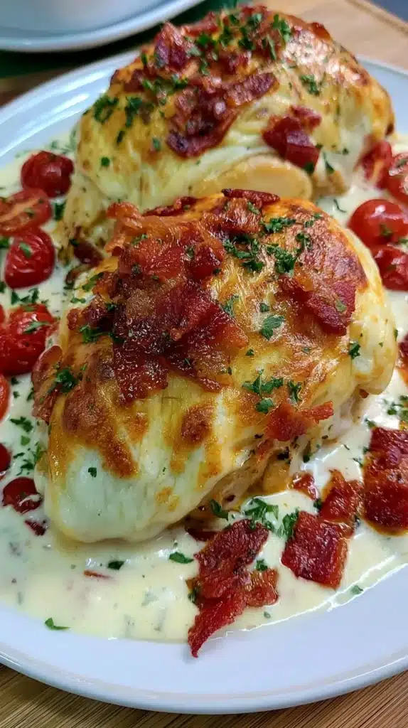 Creamy baked chicken breasts cooked to perfection, served on a plate.