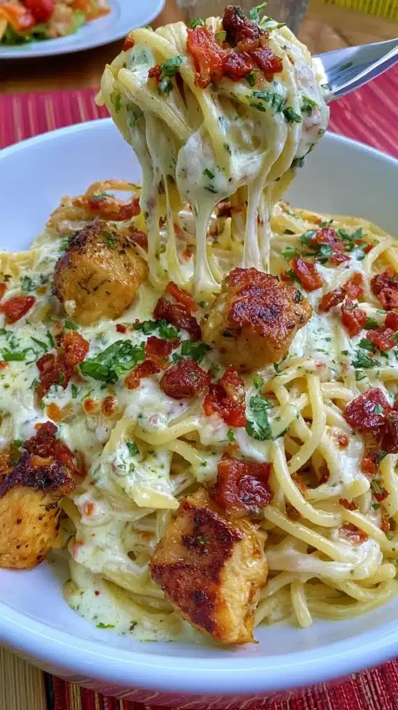Creamy cheesy chicken spaghetti served in a bowl with fresh herbs on top.