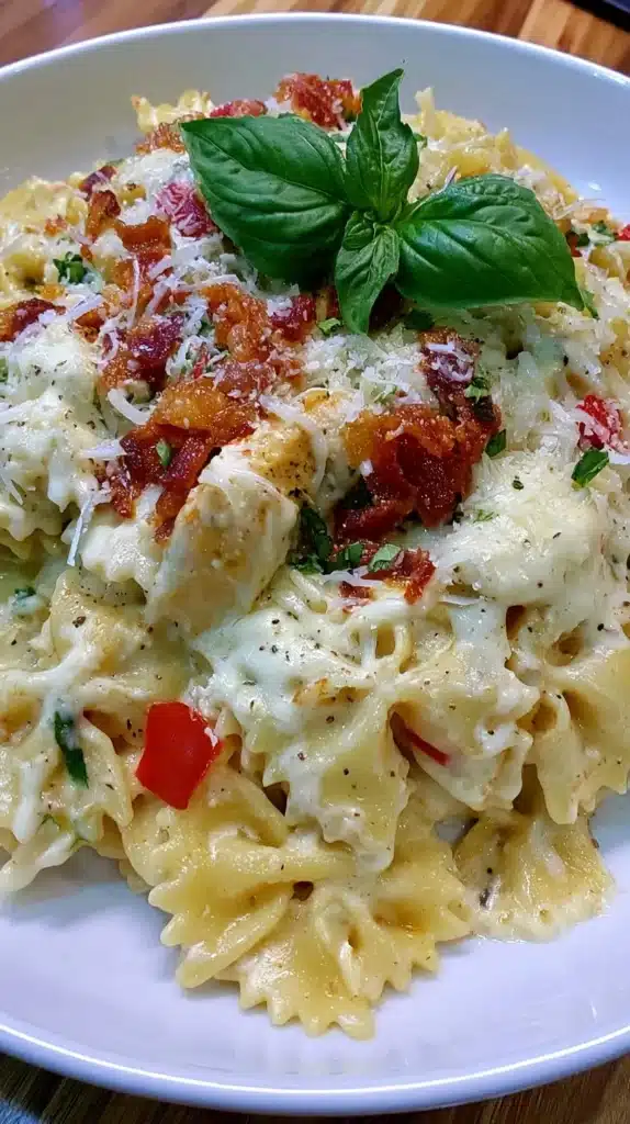 Creamy Marry Me Chicken served over bowtie pasta, garnished with herbs.