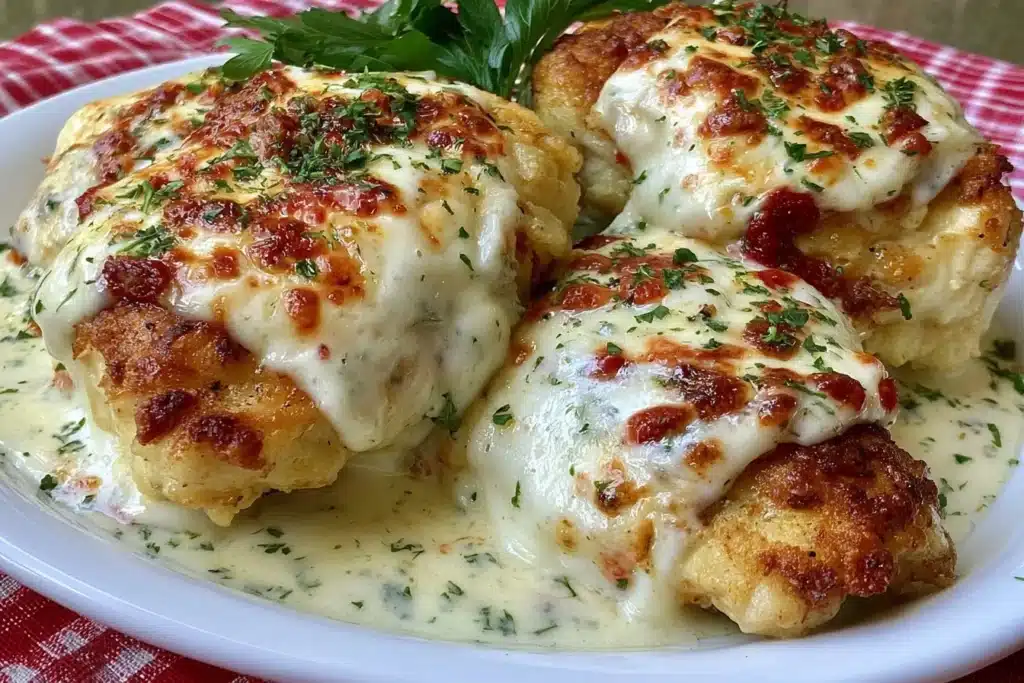Cream cheese chicken dish served on a plate, garnished with herbs.