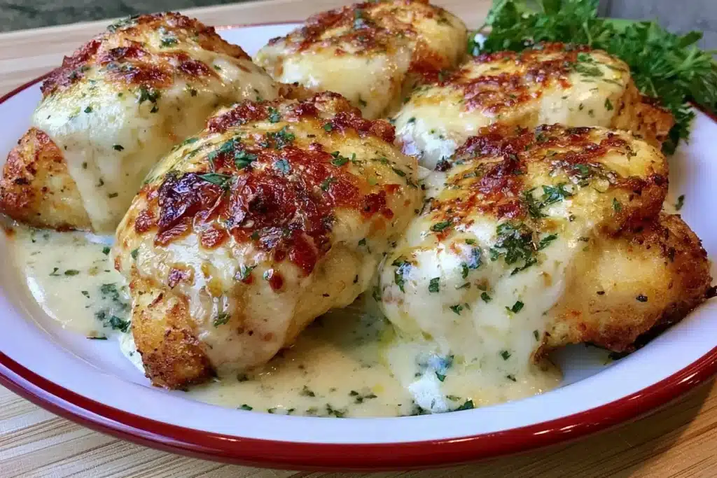 Easy garlic parmesan chicken bake with golden cheese and herbs