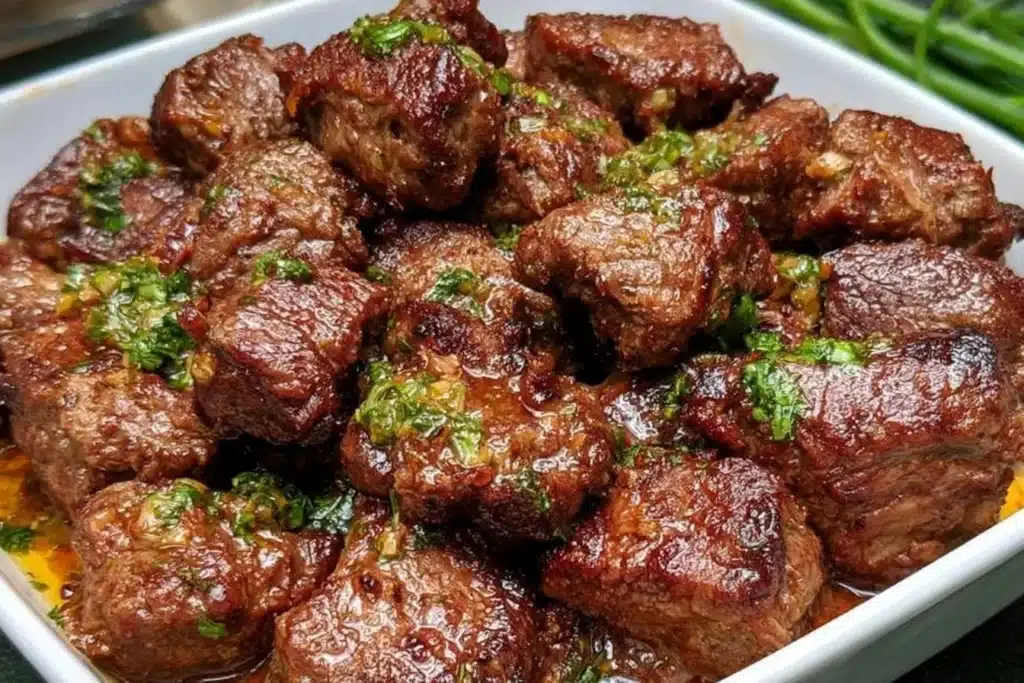 Delicious garlic butter steak bites served on a plate