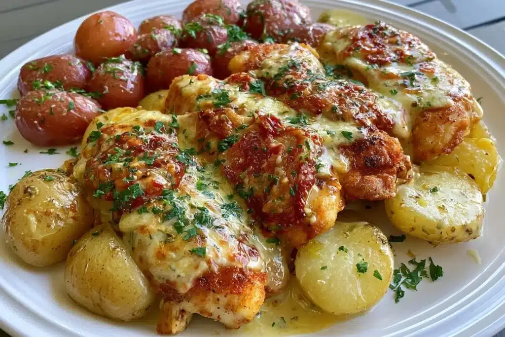 Garlic Parmesan Chicken served with roasted potatoes on a plate