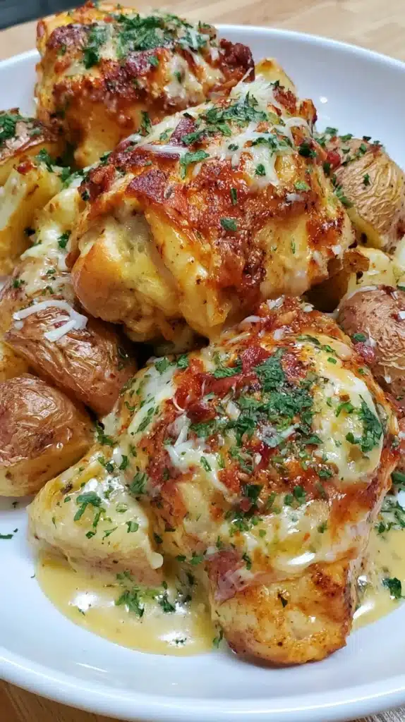 Garlic Parmesan Chicken with Potatoes in a crockpot dish