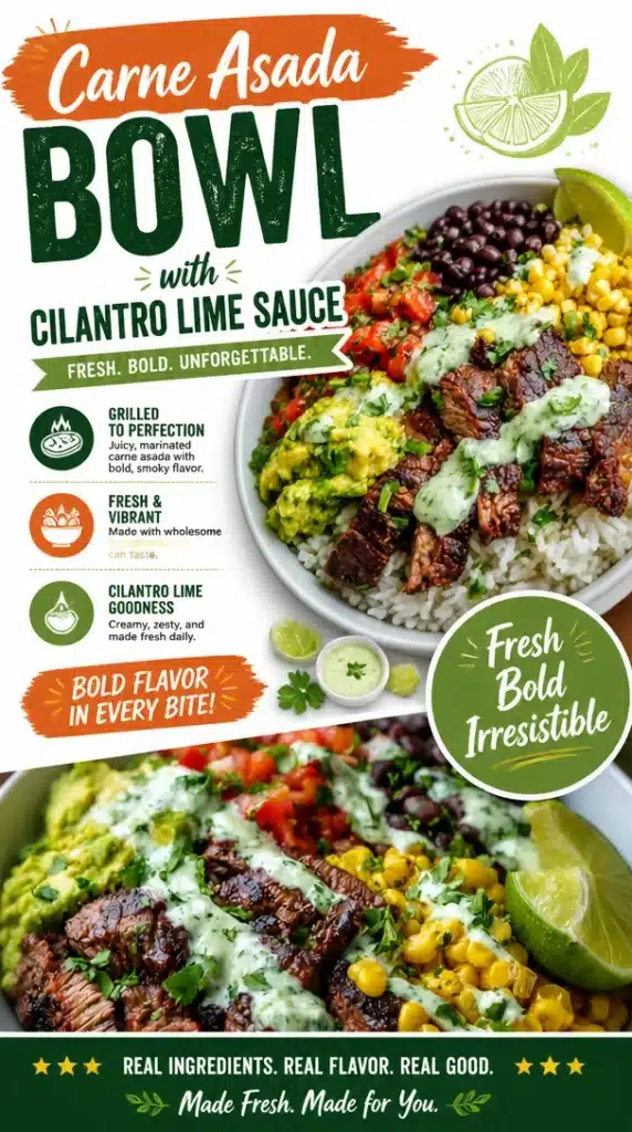 Grilled beef bowl topped with cilantro lime sauce, served in a vibrant dish.