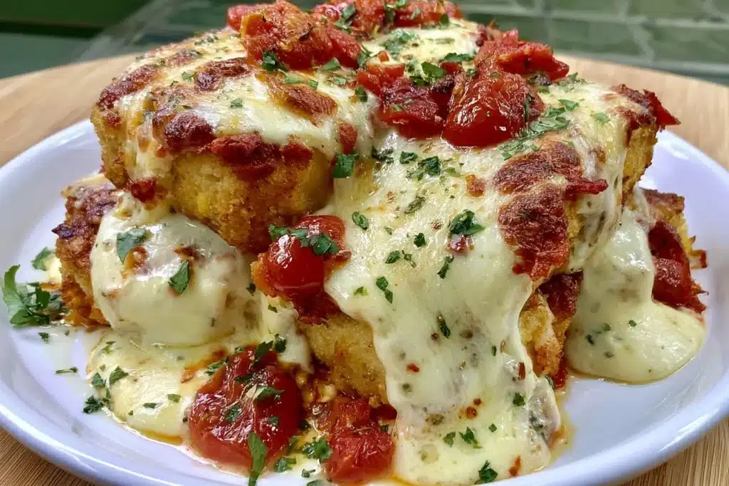 High Protein Chicken Parmesan Casserole baked with cheese and herbs